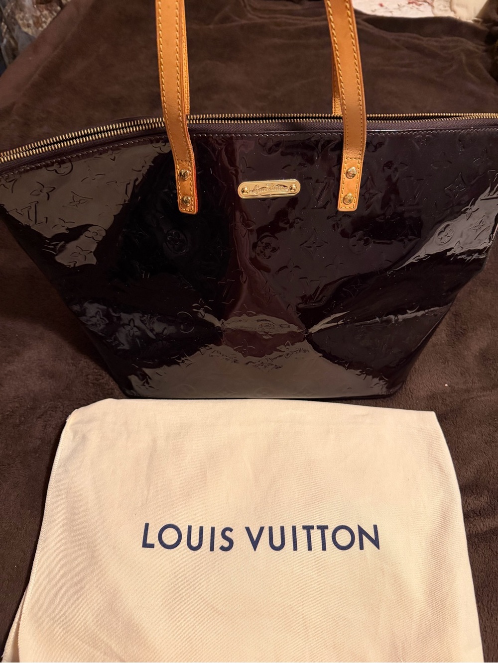 Louis Vuitton Vernis Deep Plum Patent Leather Tote with Tan Handles